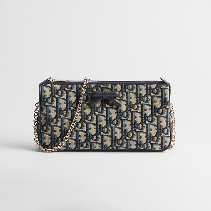 dior promenade blue oblique jacquard canvas leather bow chain shoulder crossbody pouch bag